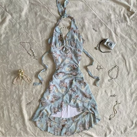 Retro Casual Dress Sexy Print Halter Short Party Dress Homecoming Dress