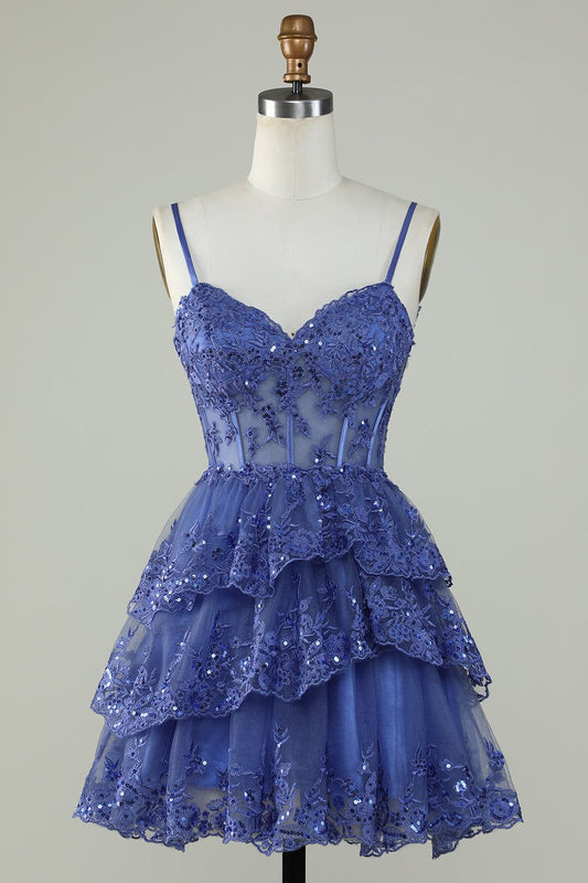 Spaghetti Straps Lace A-Line Homecoming Dress