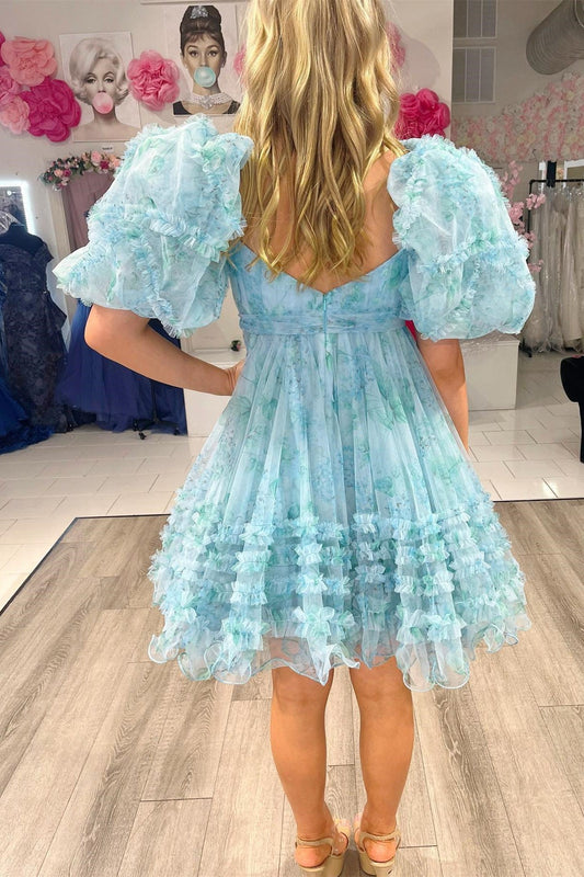 Sweet Puffy Sleeves Tulle Ruffles Homecoming Dress