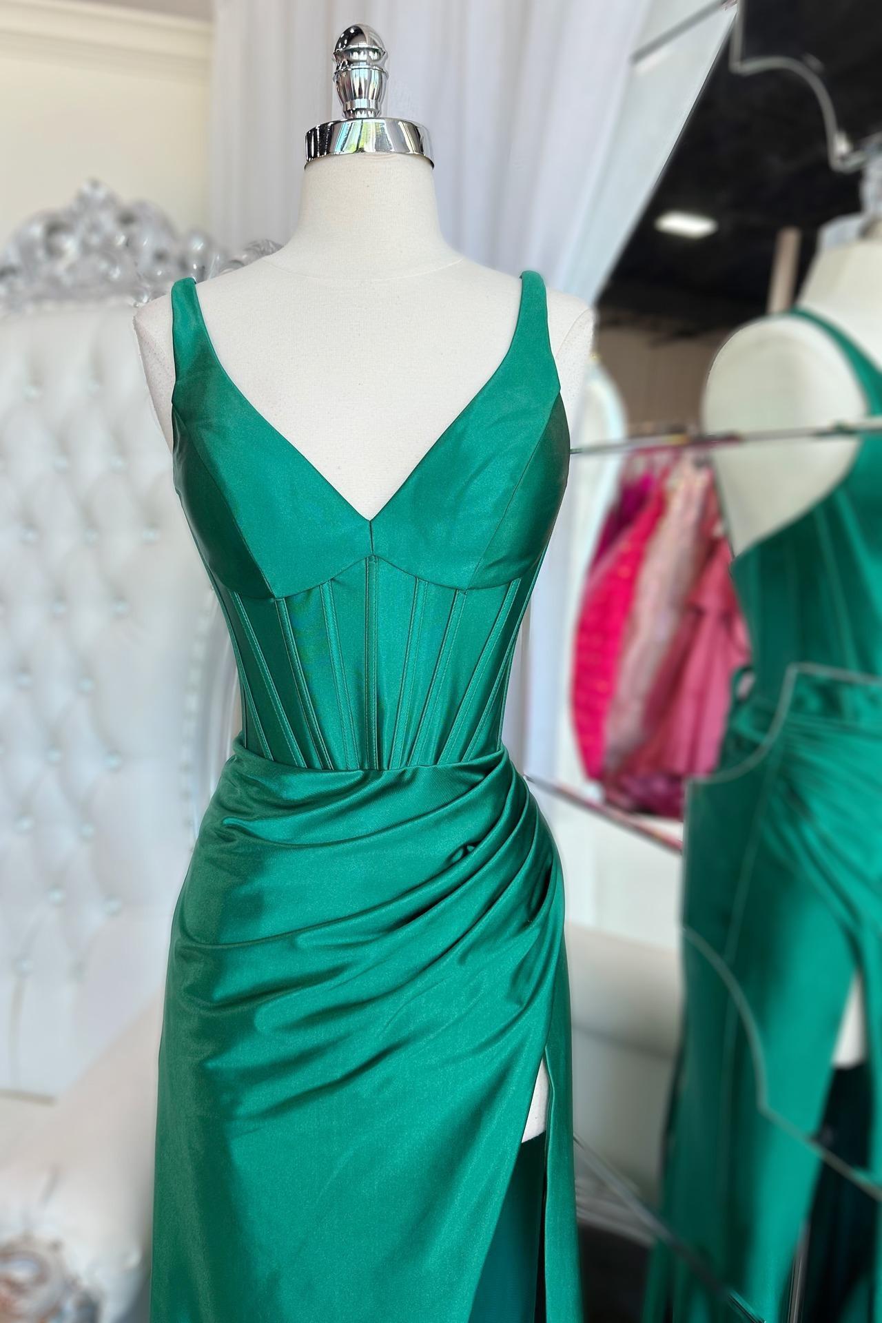 V Neck Blue Satin Mermaid Long Formal Dress