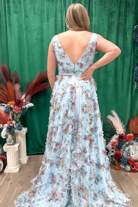 A-line V-neck Florals Ruffle Long Prom Dress