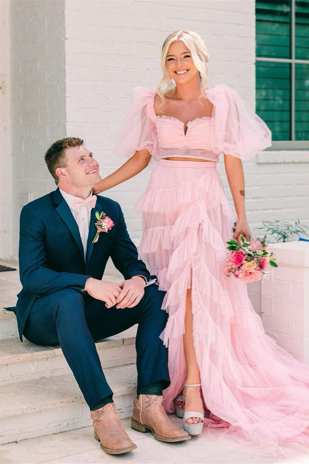 Two Pieces Pink Ruffles Long Evening Prom Dress