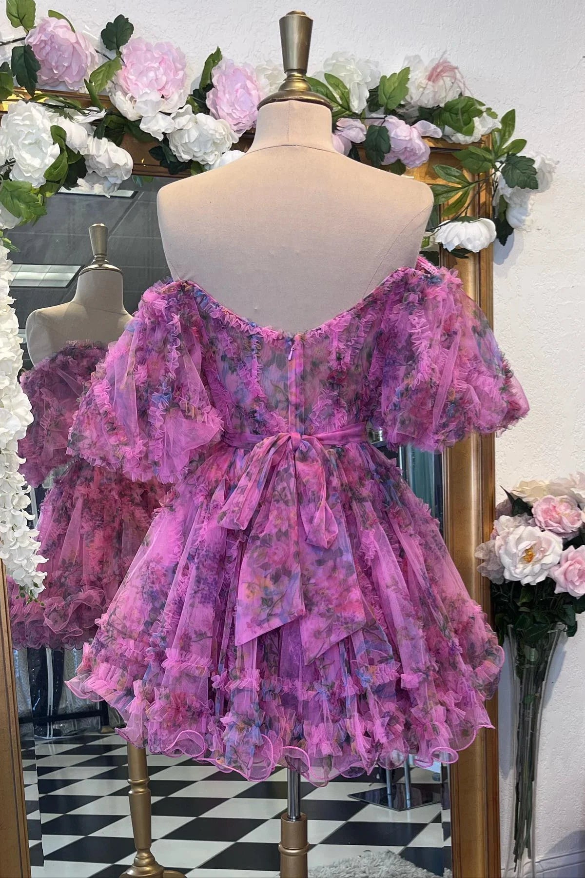 PM521,Lavender & Fuchsia Off-the-Shoulder Ruffles Homecoming Dress