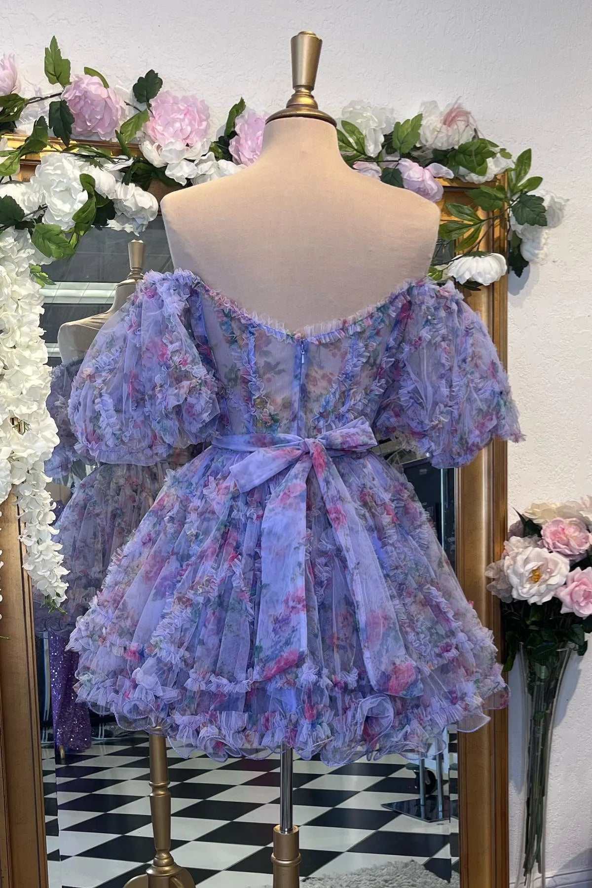 PM521,Lavender & Fuchsia Off-the-Shoulder Ruffles Homecoming Dress