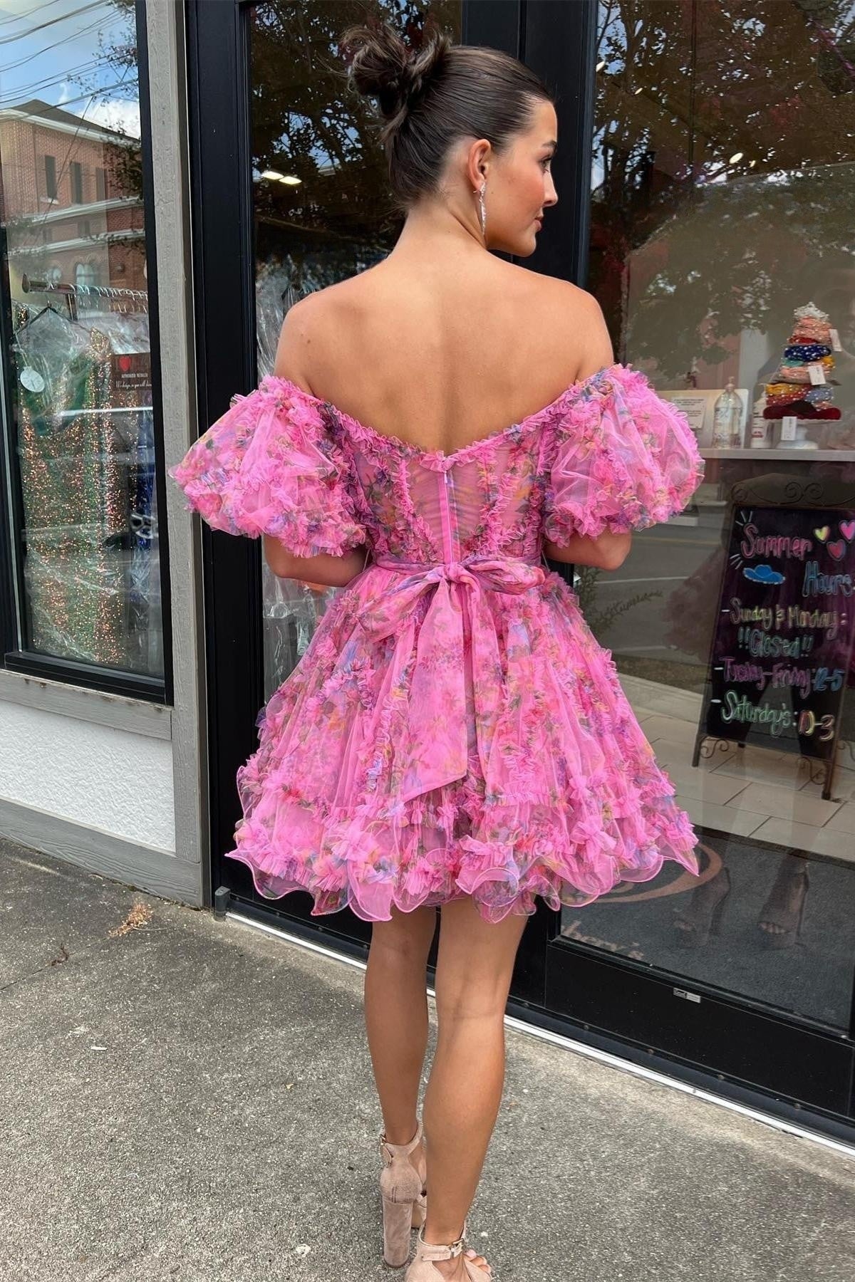 PM521,Lavender & Fuchsia Off-the-Shoulder Ruffles Homecoming Dress