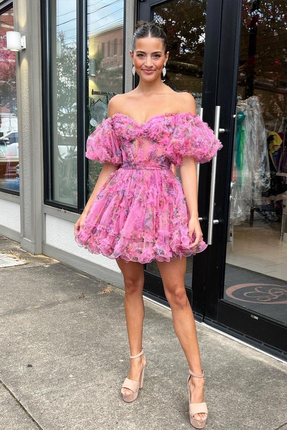 PM521,Lavender & Fuchsia Off-the-Shoulder Ruffles Homecoming Dress