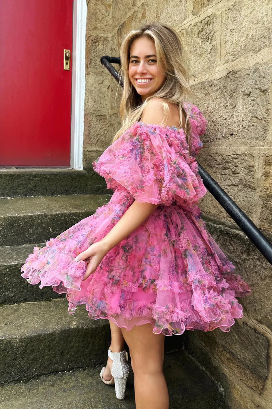 PM521,Lavender & Fuchsia Off-the-Shoulder Ruffles Homecoming Dress