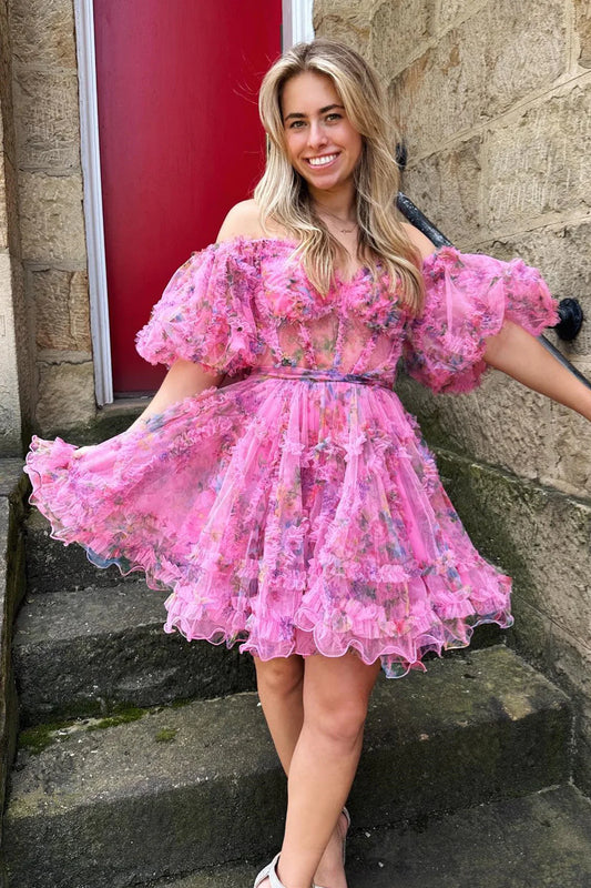 PM521,Lavender & Fuchsia Off-the-Shoulder Ruffles Homecoming Dress