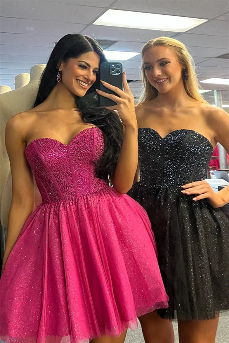 PM525,Fuchsia Sweetheart Beaded A-line Homecoming Dress