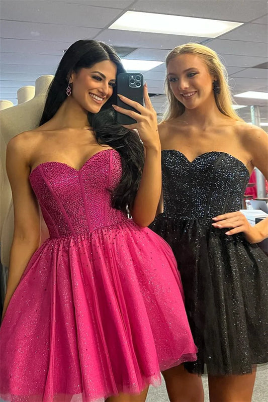 PM525,Fuchsia Sweetheart Beaded A-line Homecoming Dress