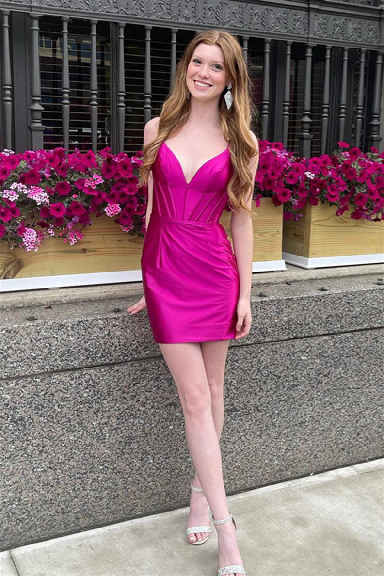 PM535,Hot Pink Plunging V Neck Satin Sheath Homecoming Dress