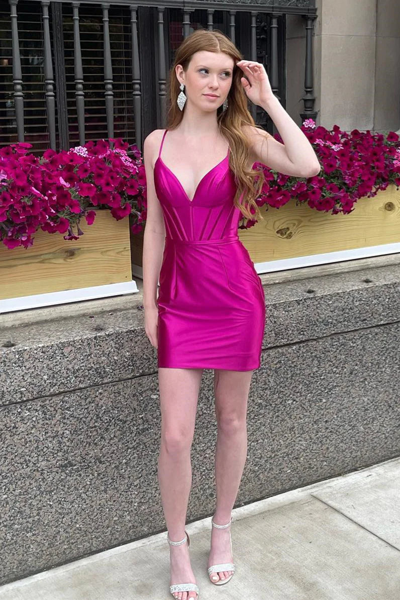 PM535,Hot Pink Plunging V Neck Satin Sheath Homecoming Dress