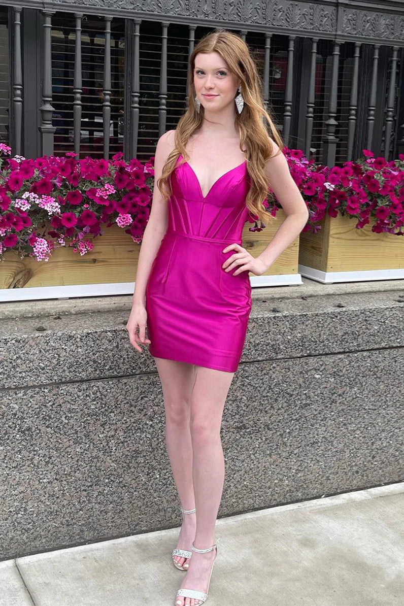 PM535,Hot Pink Plunging V Neck Satin Sheath Homecoming Dress