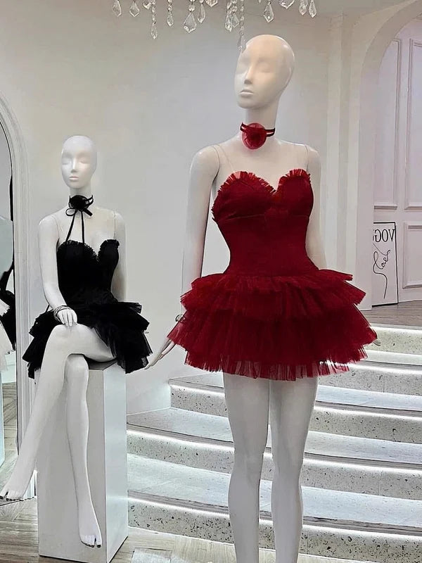 Cute Ball Gown Sweetheart Burgundy Mini Party Dresses Short Formal Homecoming Dresses Night Chic Elegant Short Dresses Cocktail Dress 16th Birthday Outfits Tulle Hoco Dresses
