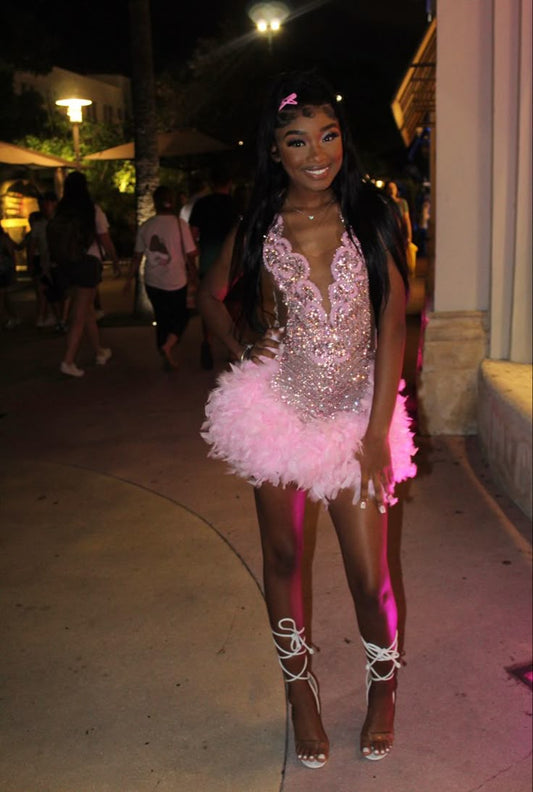 Pink Sexy Beaded Homecoming Dress Short Party Dress