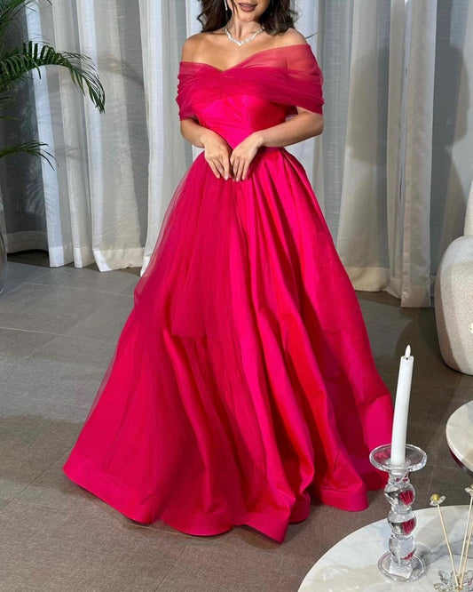 Off The Shoulder Hot Pink A-Line Evening Prom Dress