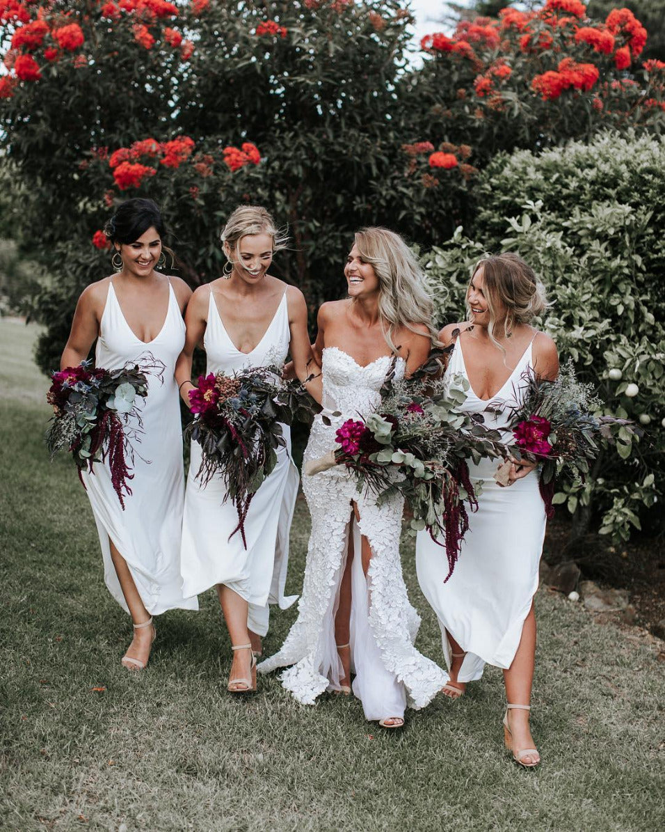 Simple White Silk Satin Plunging Bridesmaid Dresses