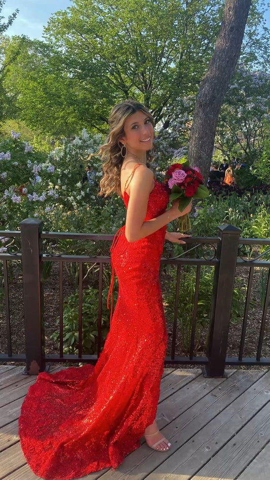 Red Mermaid Sequins Prom Dresses, Bodycon Evening Dresses