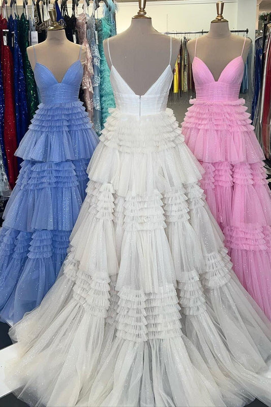 Straps Periwinkle Tulle Ruffles A-line Formal Dress
