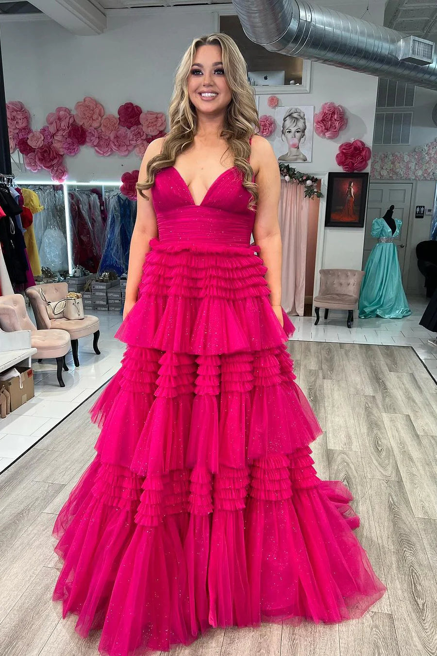 Spaghetti Straps V-Neck Layers Formal Party Prom Dresses