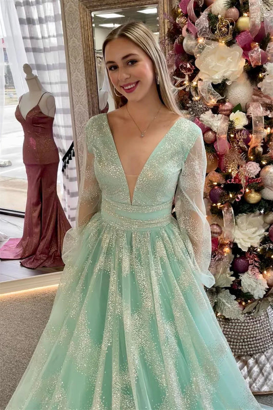 Sage Green V-Neck Long Sleeves Prom Dress