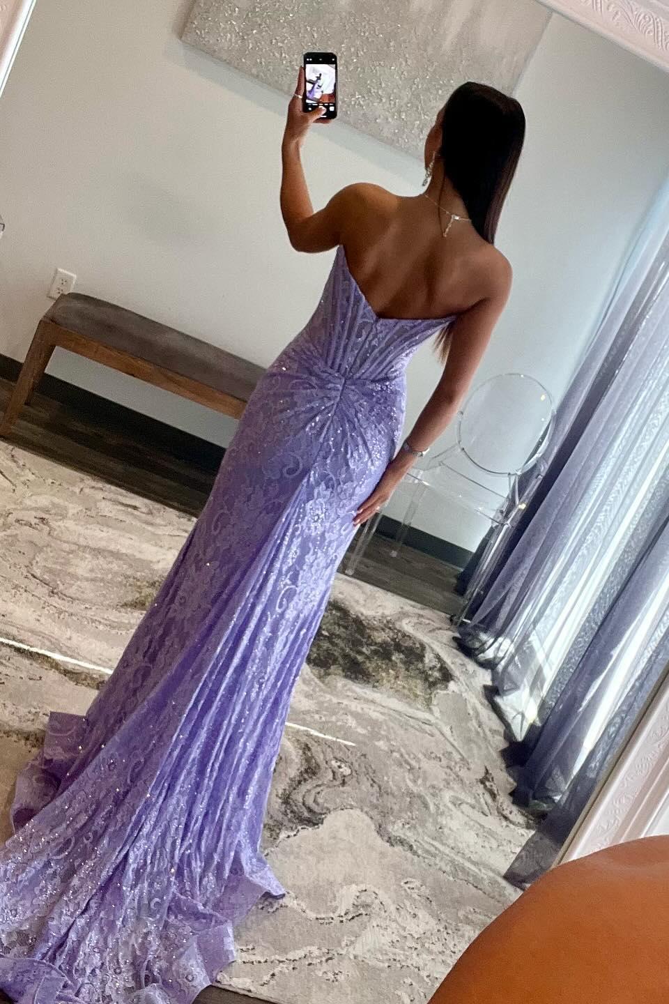 Strapless Hot Pink Lace Mermaid Long Formal Dress with Slit