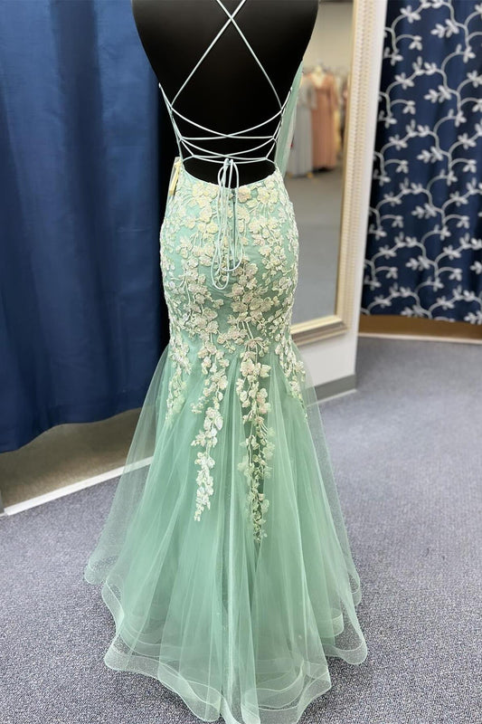 Straps Sage Green Lace Appliques Mermaid Long Prom Dress