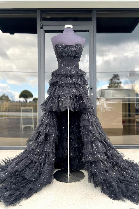 Black Strapless High Low Ruffles Party Dress