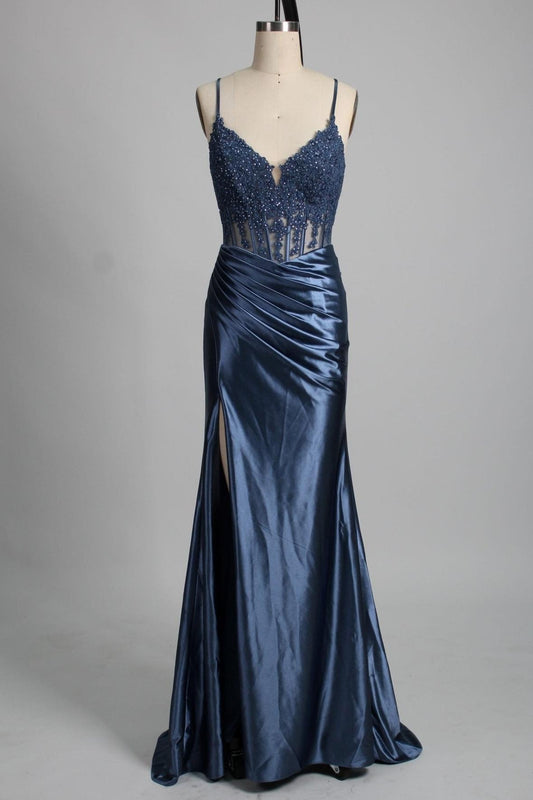 Dusty Blue Appliques Corset Satin Long Formal Dress