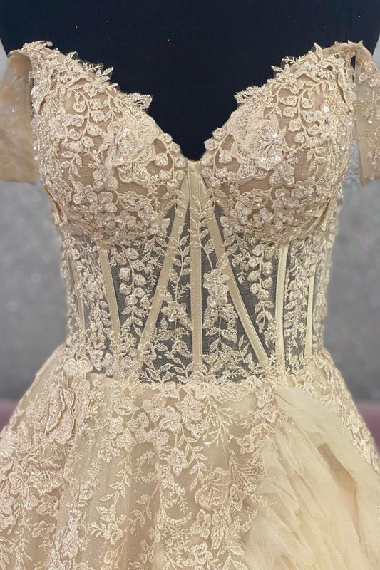 Off the Shoulder Champagne Appliques Tiered Ruffles Prom Gown