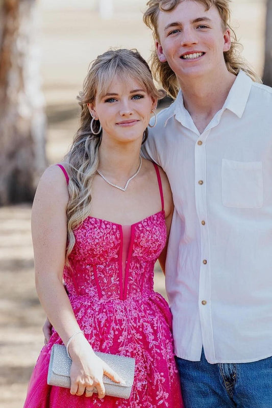 Straps Hot Pink Appliques Tulle Long Formal Gown