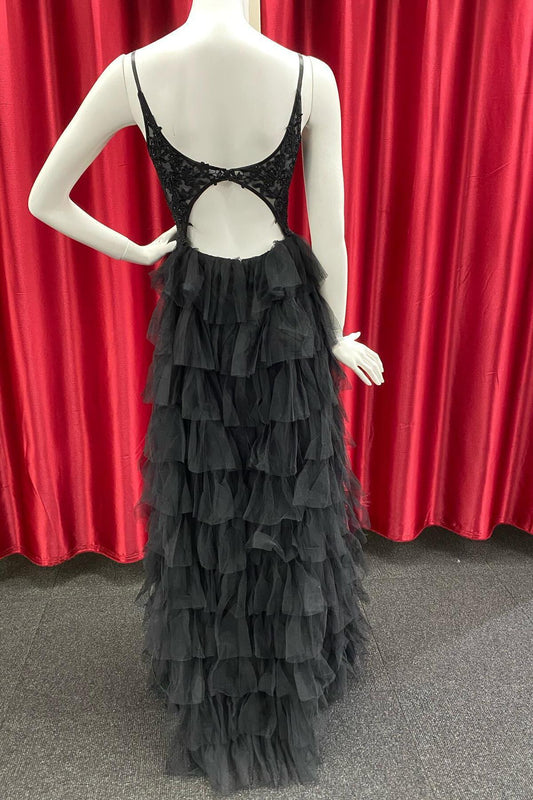 Straps Black Lace and Tulle Ruffles Party Dress
