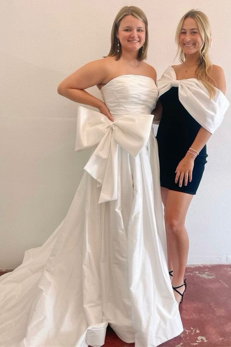 Strapless A-Line Satin Long Evening Prom Dresses With Bowknot