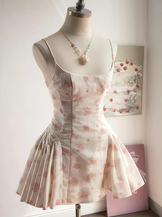 Simple Ball Gown Spaghetti Straps Floral Short Formal Homecoming Dresses Party Graduation Dress Hoco Dresses