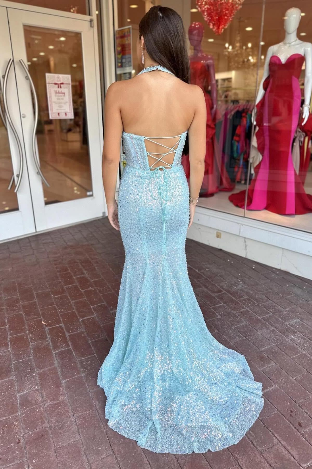 Halter Blue Sequin Fitted Long Formal Dress