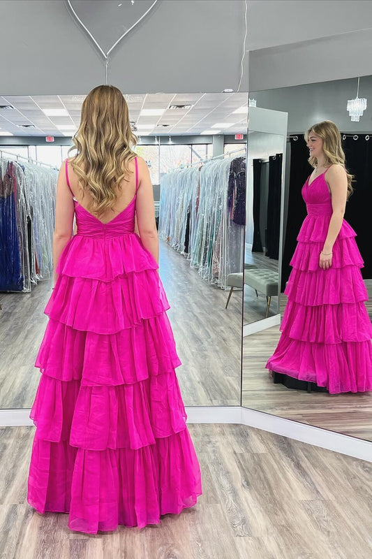 Fuchsia Pleated A-line Ruffles Long Party Dress
