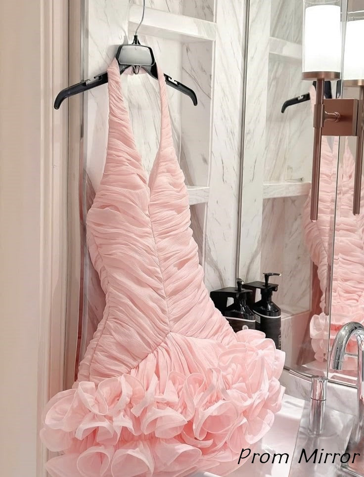 Blush Pink Halter Homecoming Dresses Pleated Mini Birthday Dresses