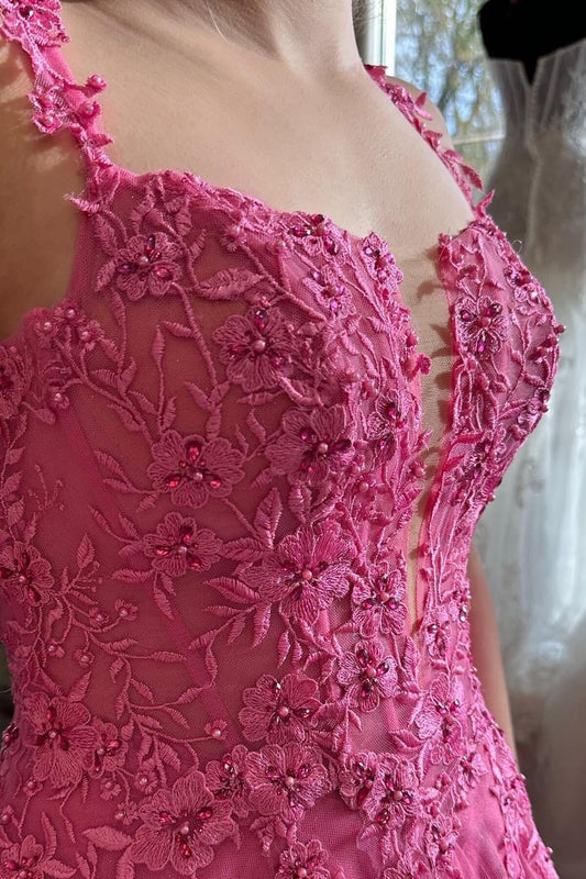 Hot Pink Lace Embroidery A-line Long Formal Dress