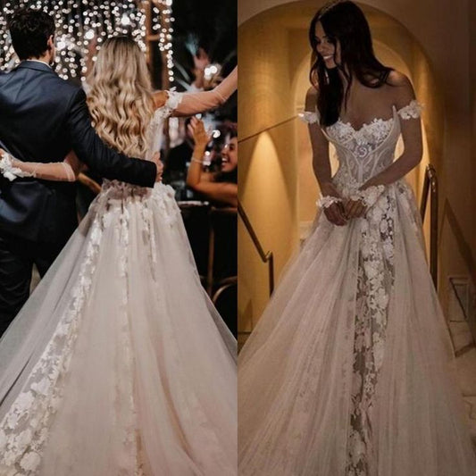 PM542,Off The Shoulder Strapless Sweetheart Applique Lace Long Wedding Dress