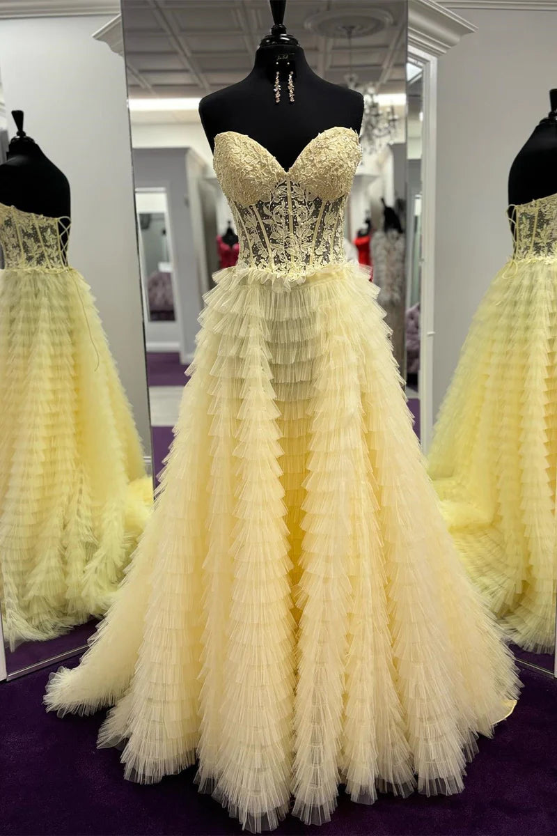 Sweetheart Appliques Tiered A-Line Prom Dresses Dance Dress Long