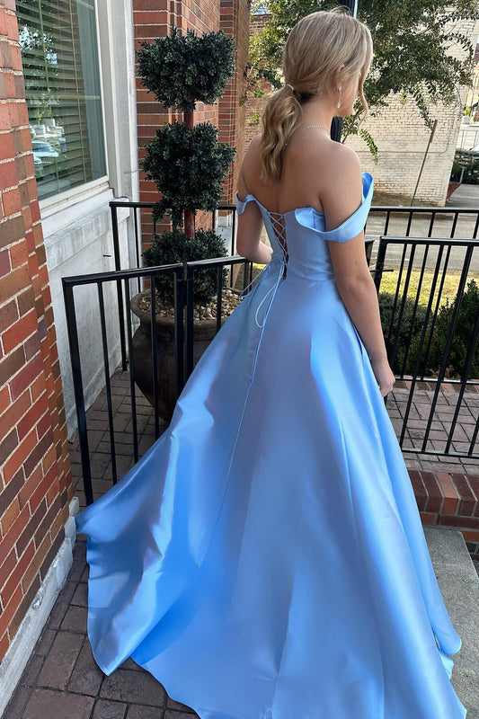 Off the Shoulder Light Blue Satin Prom Dress