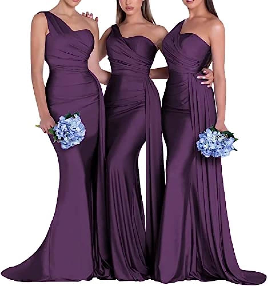Pink One Shoulder Mermaid Satin Bridesmaid Dresses