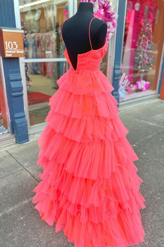 Straps Coral Tulle Tiered Ruffle Formal Gown