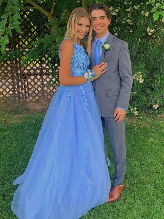 Sky Blue One Shoulder Applique Tulle Prom Dress