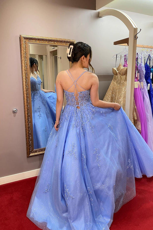 Straps Blue Appliques A-line Long Formal Dress