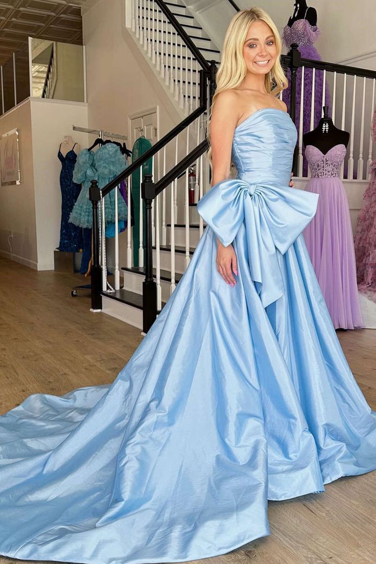 Strapless A-Line Satin Long Evening Prom Dresses With Bowknot