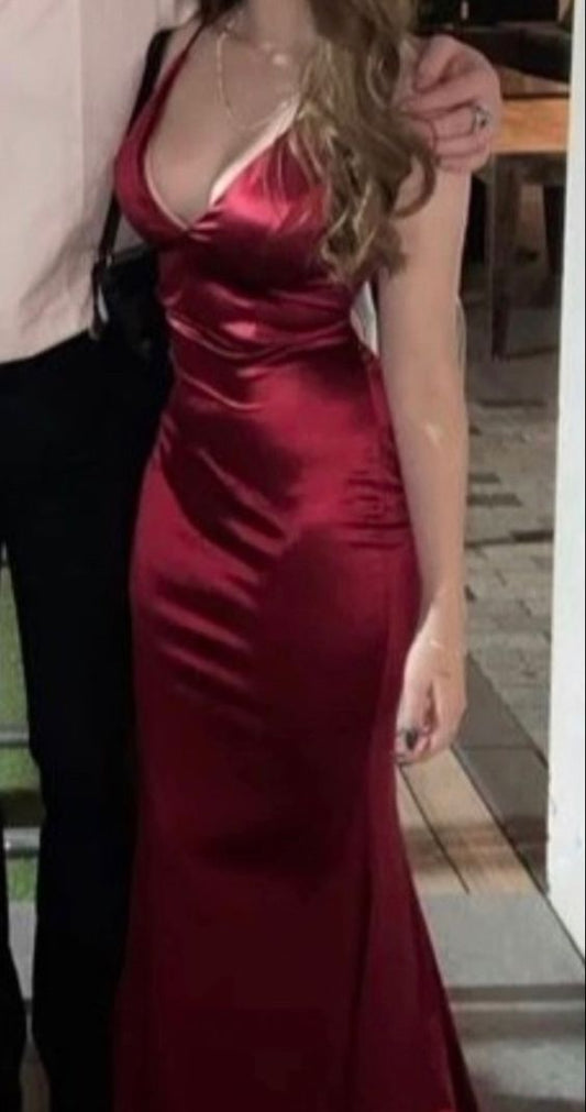 Sexy Burgundy Satin Mermaid Prom Evening Dress