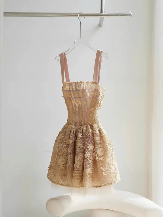 Simple A Line Square Gold Lace Short Formal Homecoming Dresses Party Graduation Dress Dance Hoco Dresses