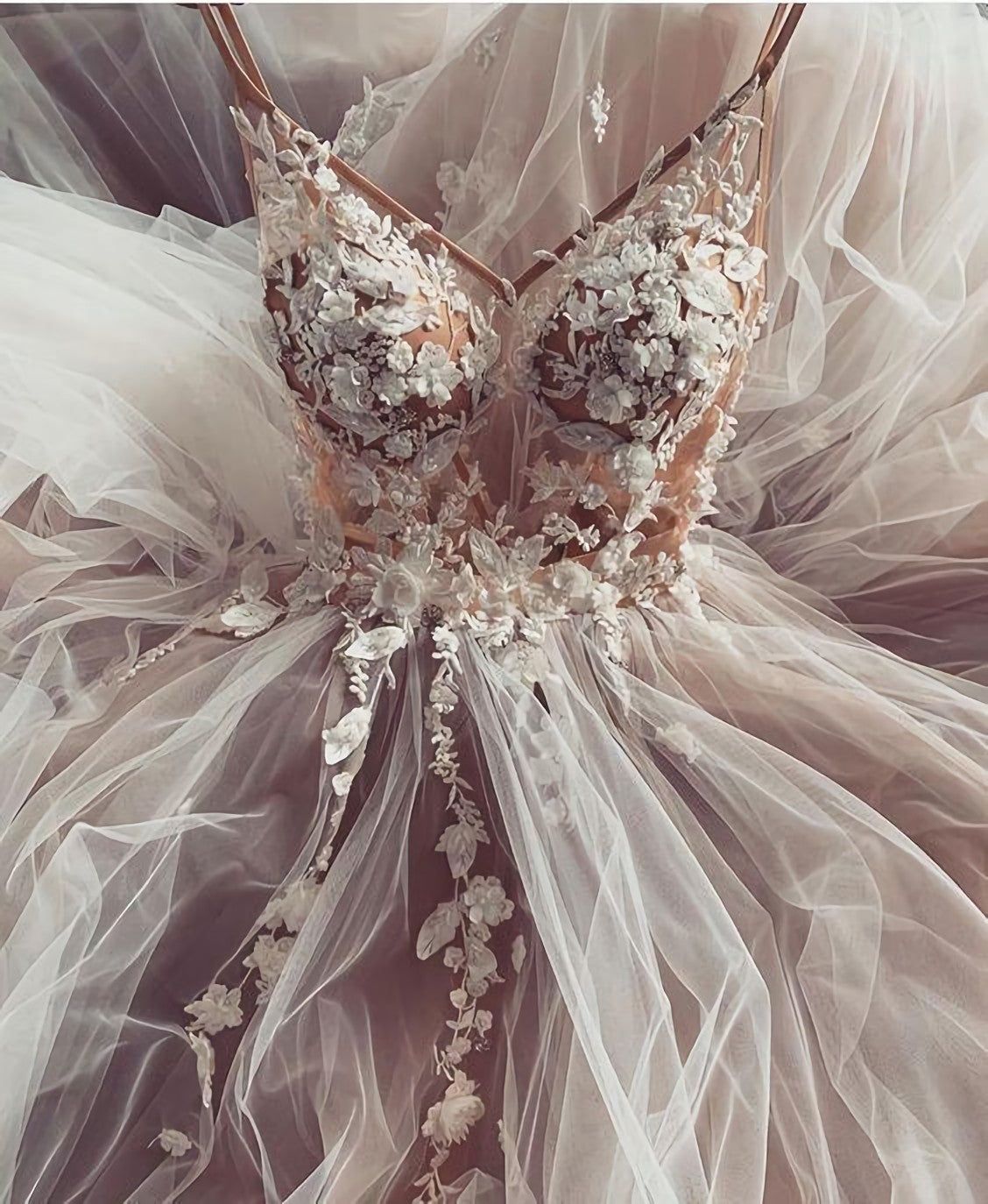 Dream Champagne White Floral 3D Long Wedding Dresses, Tulle A-Line Wedding Gown