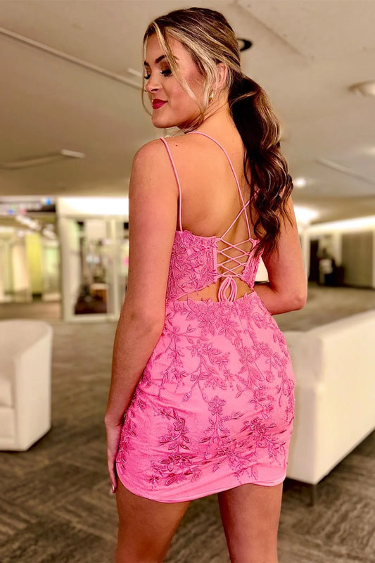 Pink Lace Applique Bodycon Homecoming Dress
